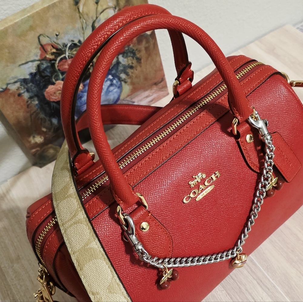 Coach Rowan Satchel Bag Purse Red Leather Crossbody CH322 + Swagger Chain Charms - Picture 5 of 16